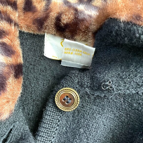 Talley Ho Cardigan Vintage Boiled Wool Black with Faux Leopard Print Collar (M) - Picture 7 of 8